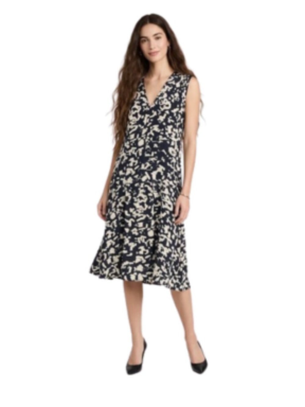 Vince Silk Drop Waist Midi Dress Navy/White Abstract Pattern, Sleeveless, size 8